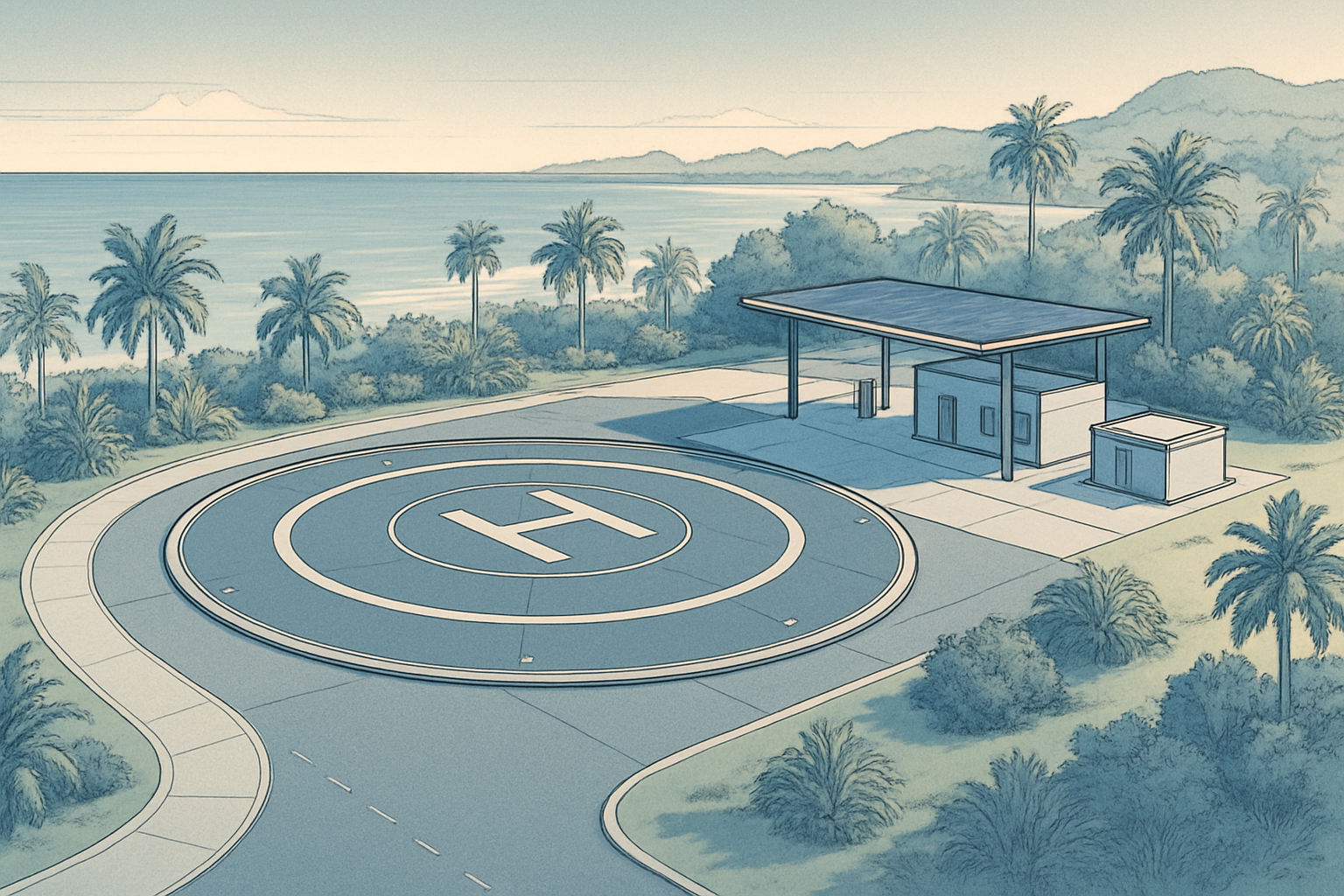 CAD-style conceptual rendering of a modern Caribbean advanced air mobility helipad site with an eVTOL-ready layout, solar-powered charging station, support facilities, and tropical coastal context