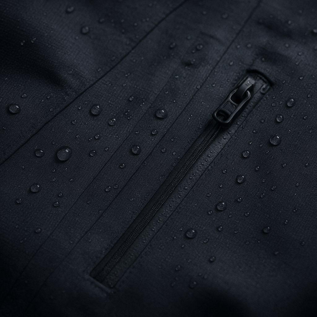 Close-up of a charcoal technical jacket showing taped seams, water-beading fabric, and matte zipper hardware