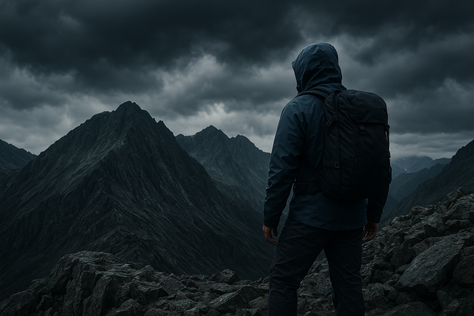 Alpine ridgeline under fast-moving storm clouds with a technical shell jacket in the foreground