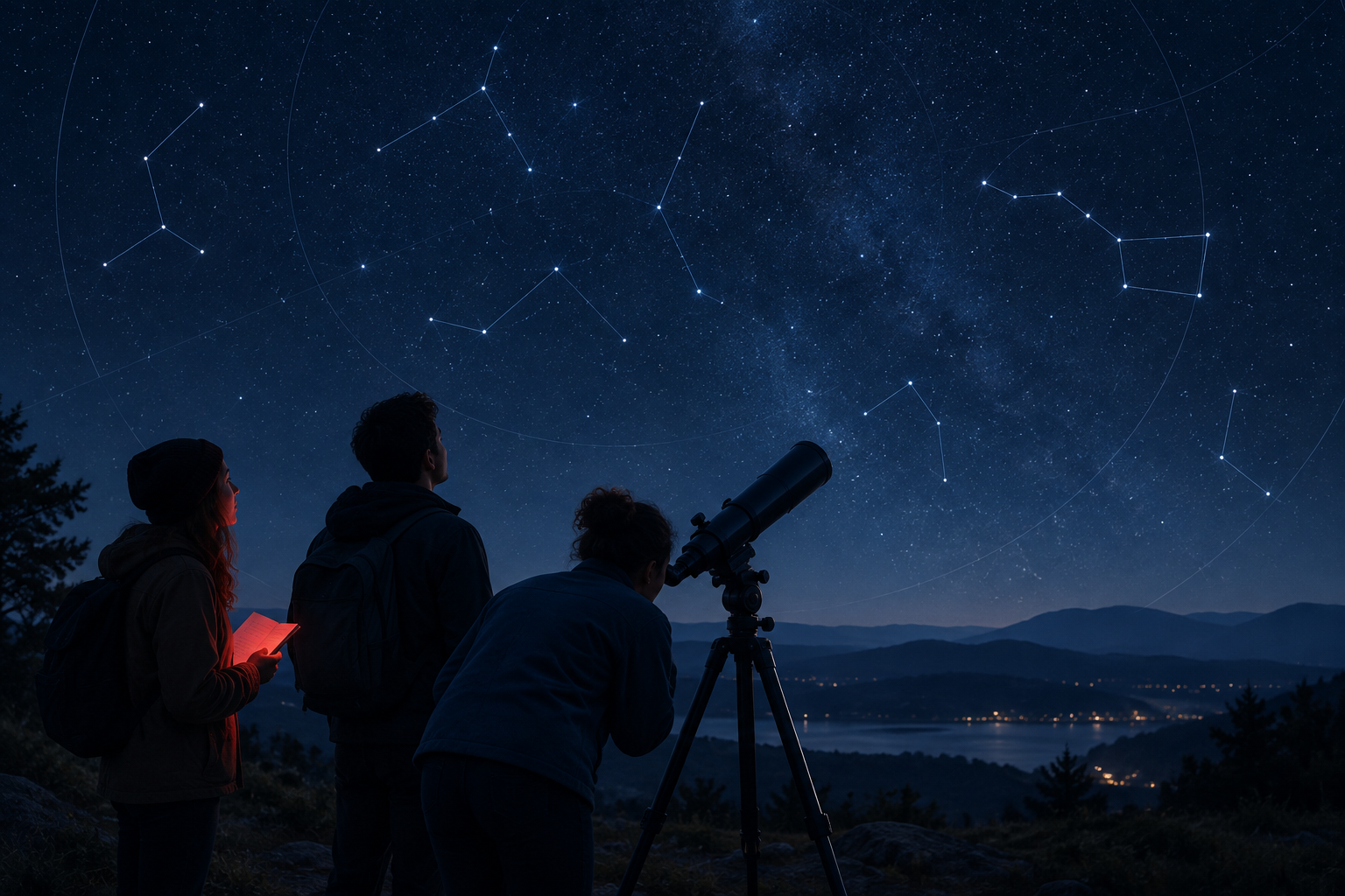 Volunteer astronomers observing under a calm night sky with a telescope, star chart notebook, and subtle constellation line overlays