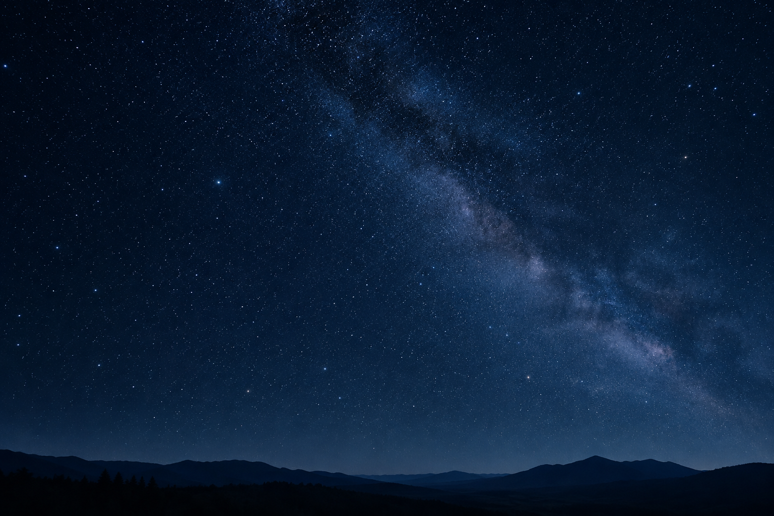 Wide night sky scene with a calm band of stars above a low dark horizon