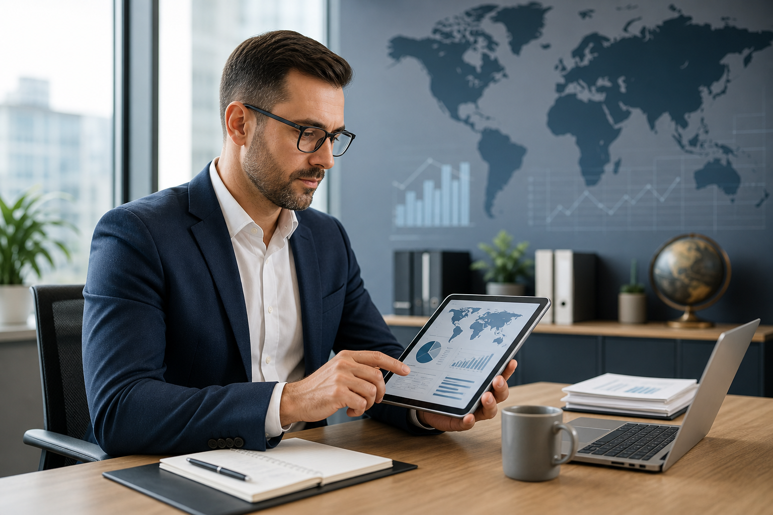 Professional business consultant reviewing international tax compliance charts with a world map backdrop