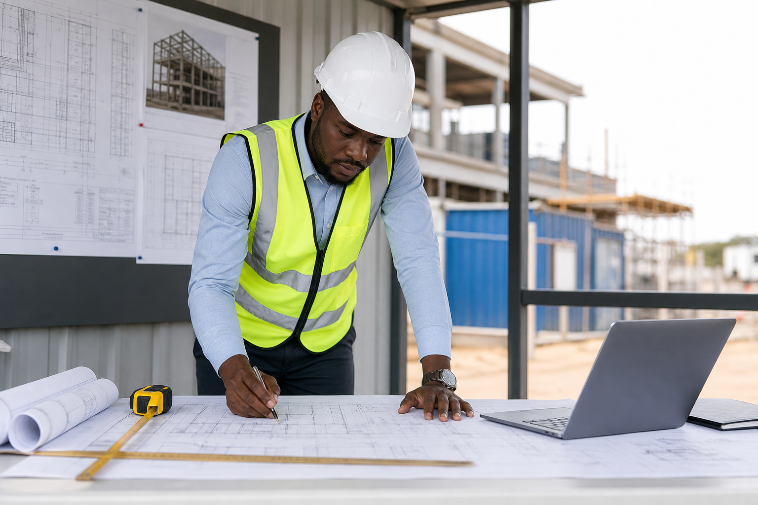 Project manager reviewing construction drawings on a site table with safety helmet and measuring tools in a modern built-environment office