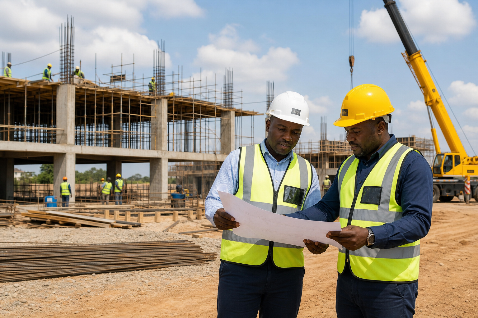 Construction engineers in safety gear reviewing plans beside active structural works and concrete equipment at a Zambian project site