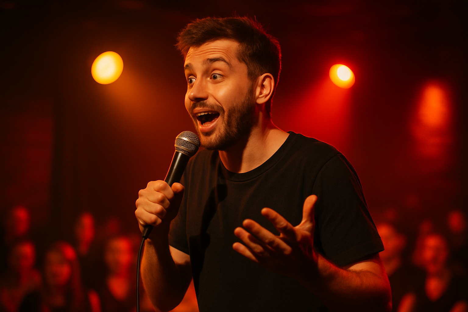 Anton Timoshenko performing on a warm-lit stage with a handheld microphone and animated expression