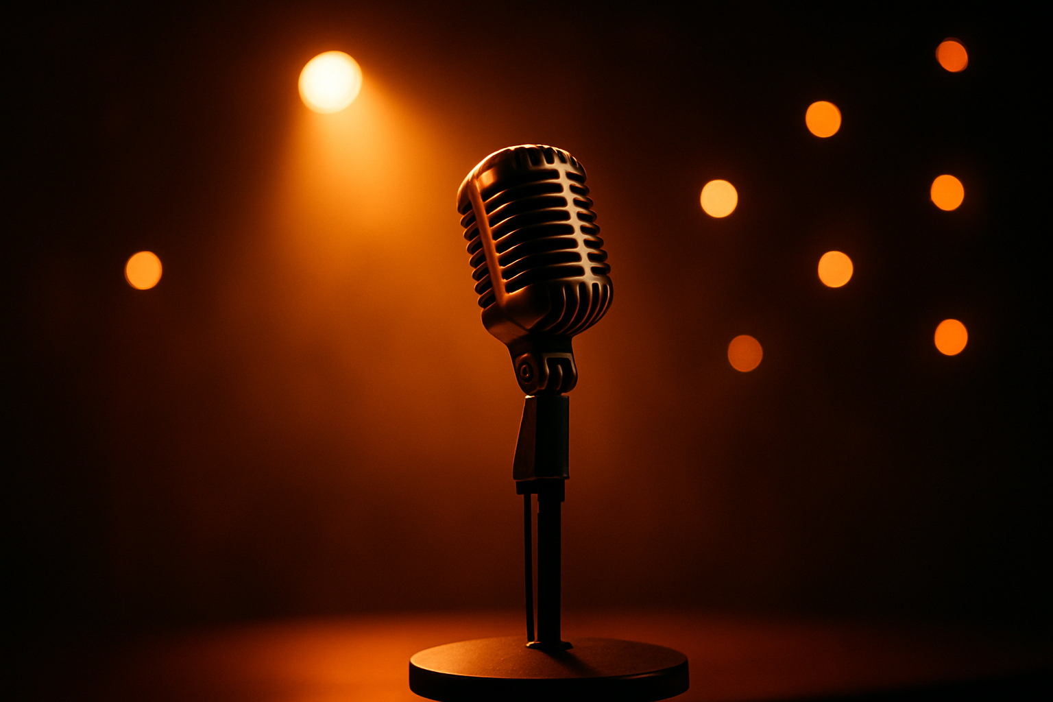 Stylized vintage microphone on a small stage with warm spotlight glow and subtle bokeh