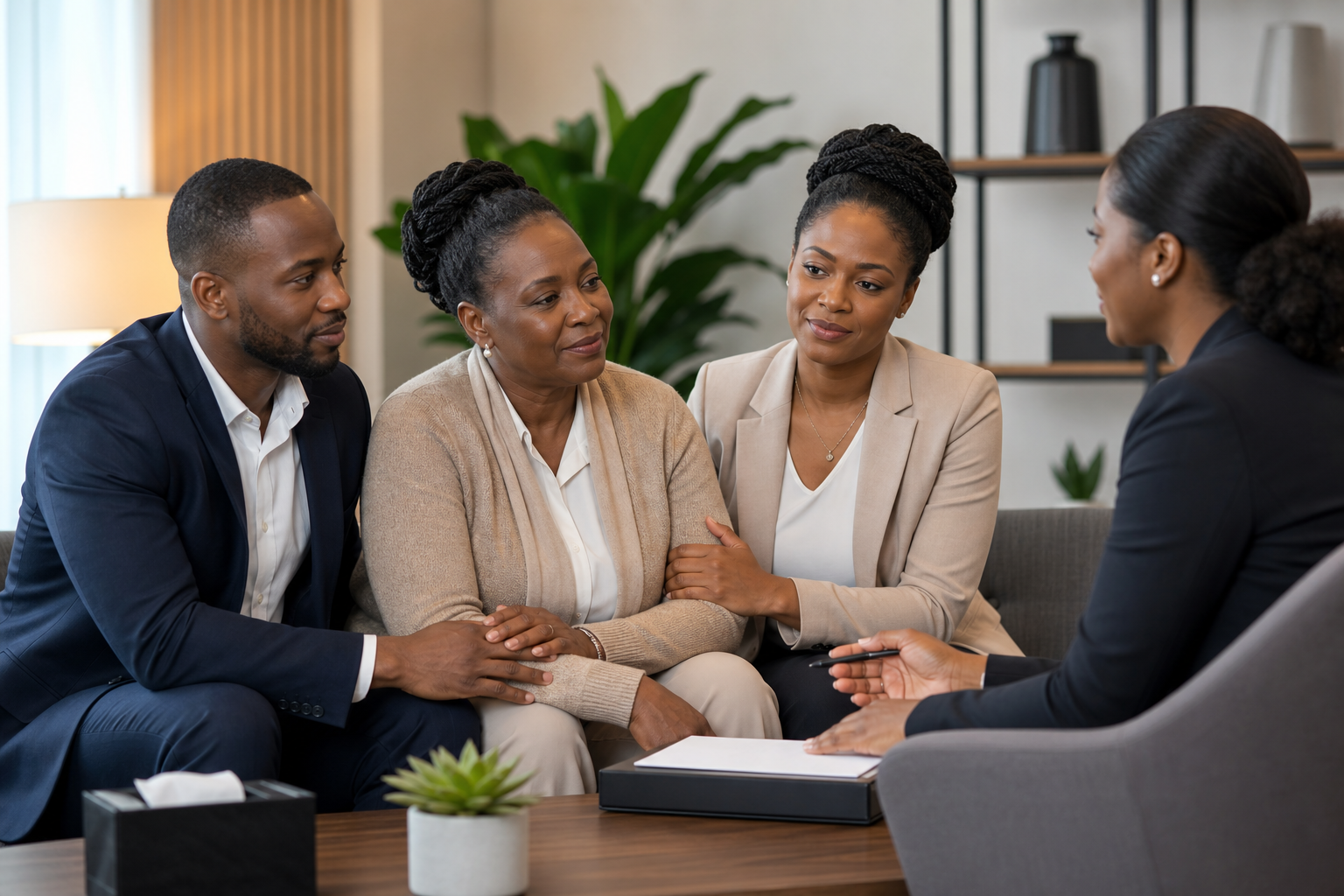 Professional Black family in a calm bereavement planning meeting with a funeral advisor, seated together in a modern office with warm, respectful expressions