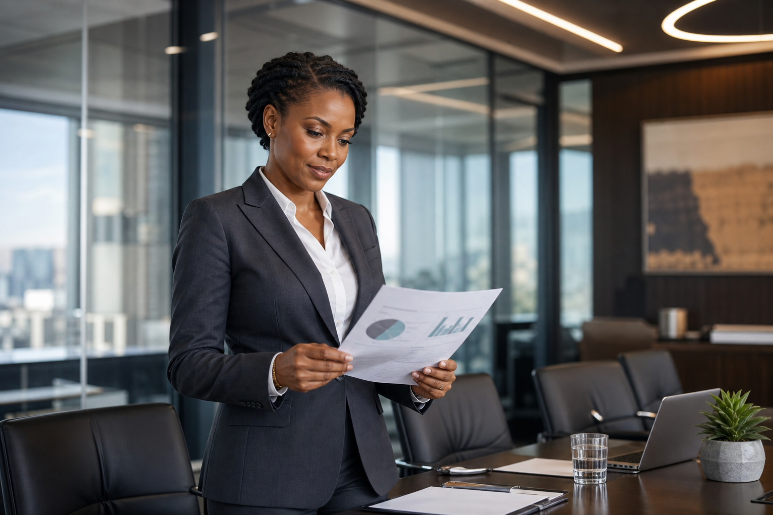 Confident Black woman business consultant in professional attire reviewing documents in a boardroom