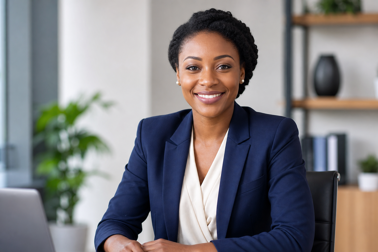 Professional Black woman consultant in a modern office, offering a warm and trustworthy smile