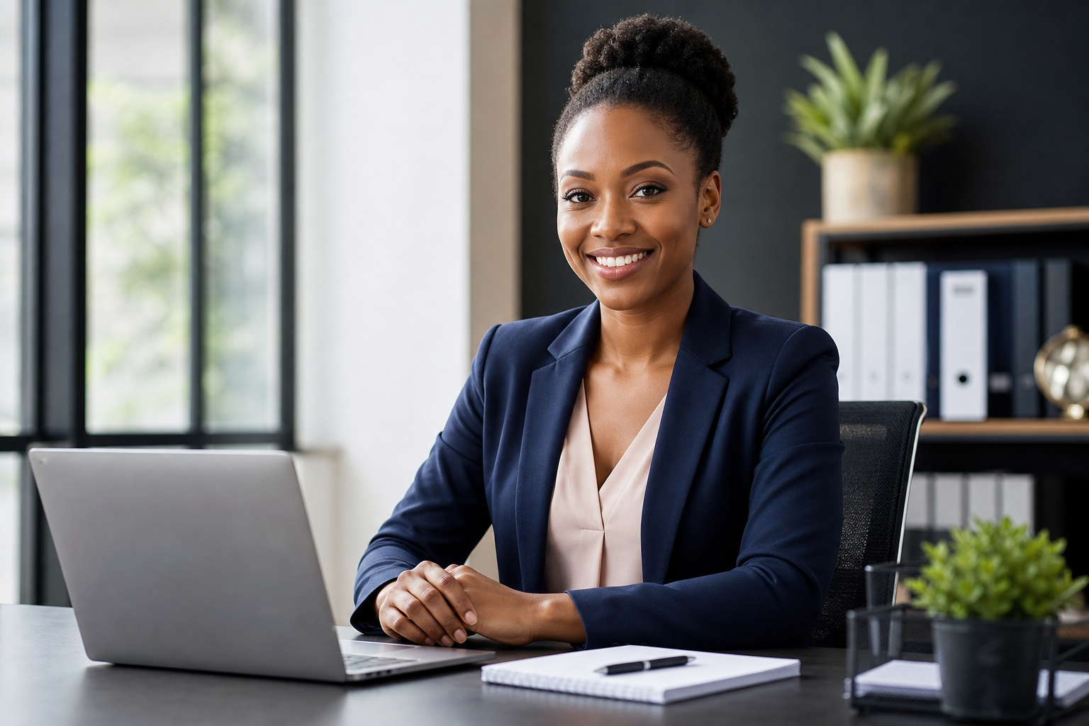 Professional Black woman advisor smiling warmly in a modern office, conveying trust and support