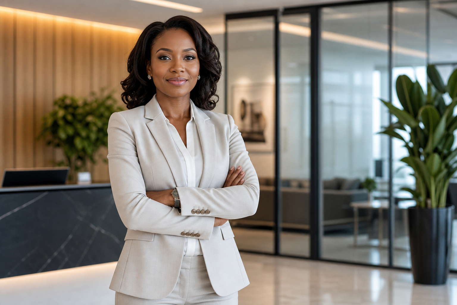 Black woman executive in a light suit standing confidently in a contemporary office lobby