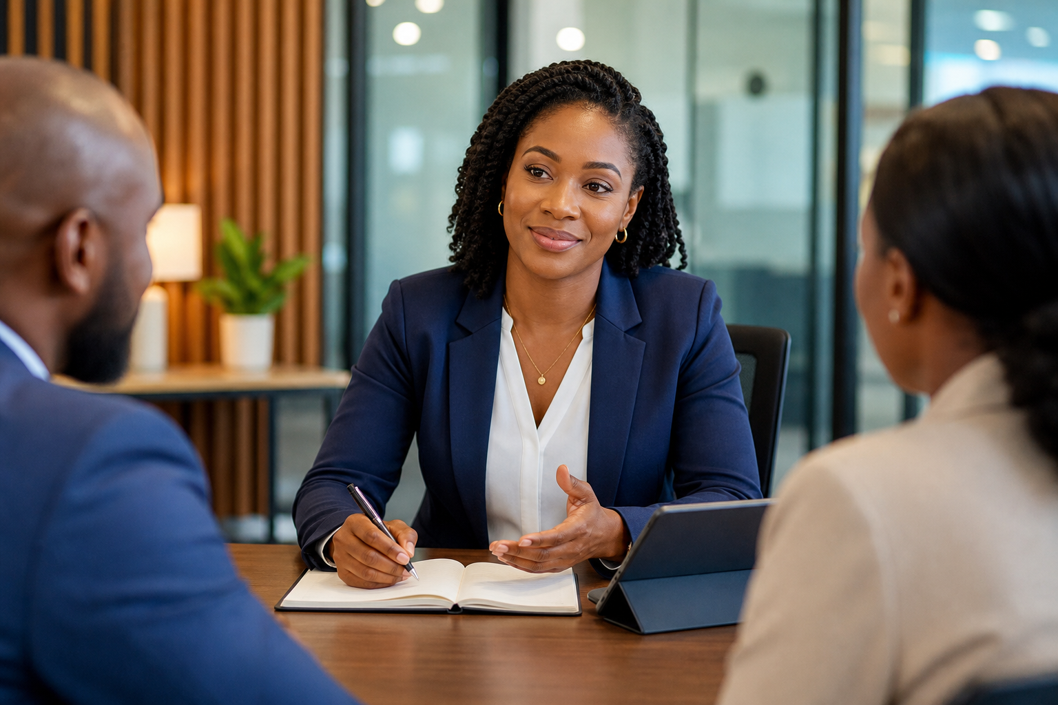 Confident Black woman in a tailored blazer speaking during a consultation in a modern office