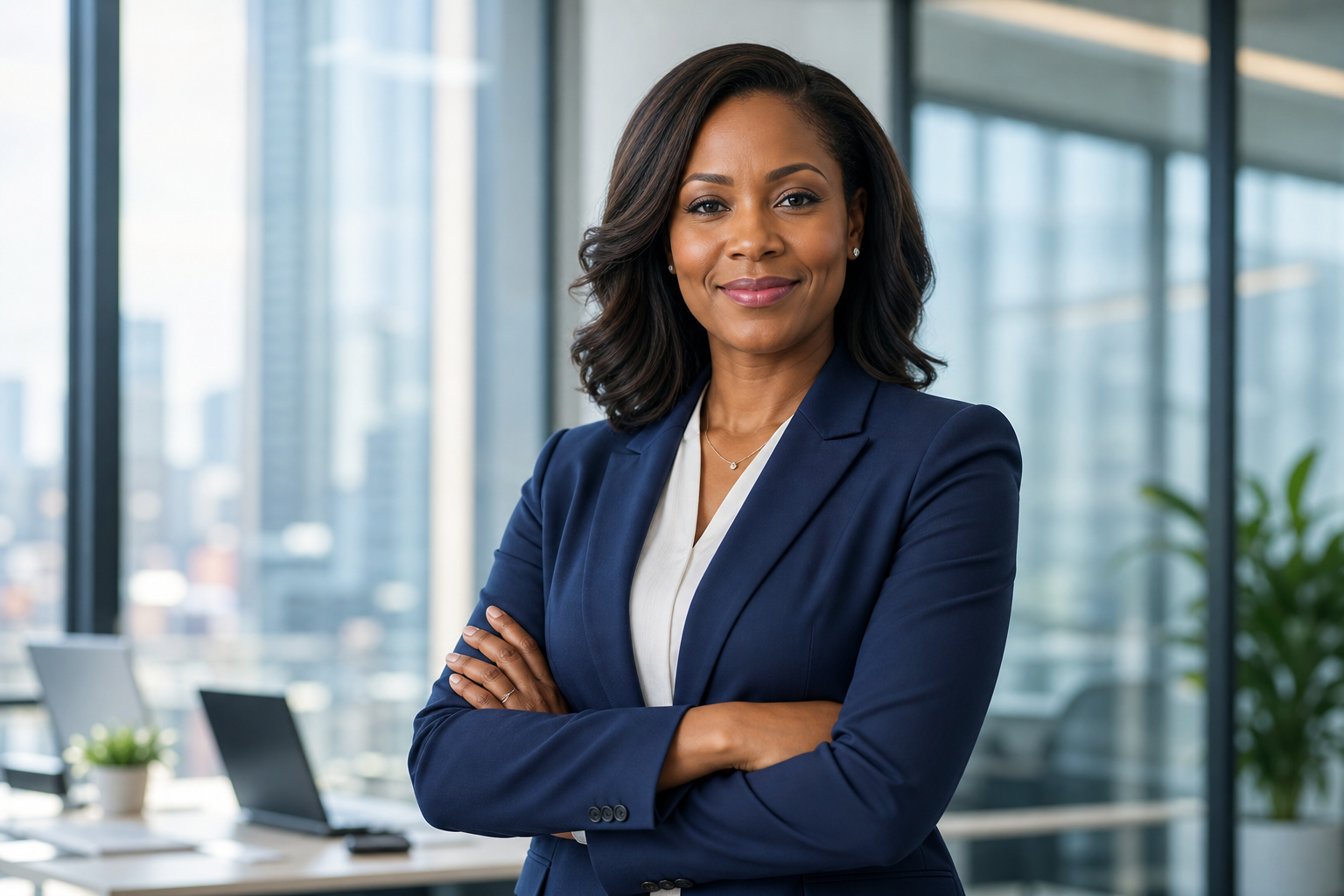 Confident Black woman executive in a modern office, wearing a tailored blazer and offering a professional, reassuring smile