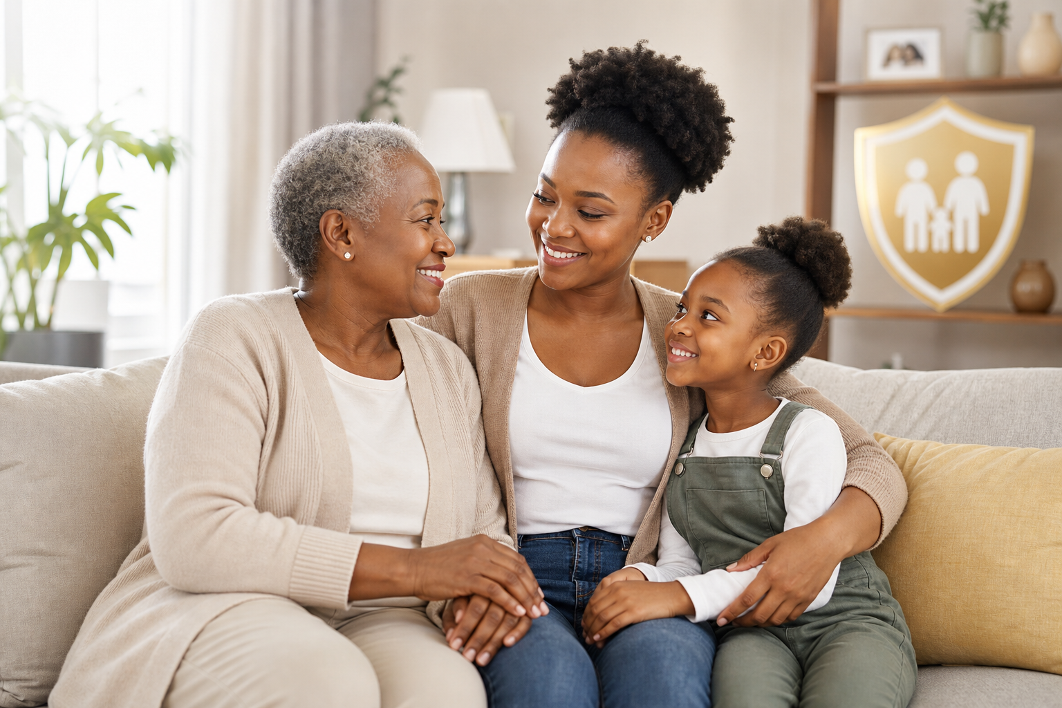 Black woman with her mother and young daughter sharing a reassuring moment at home