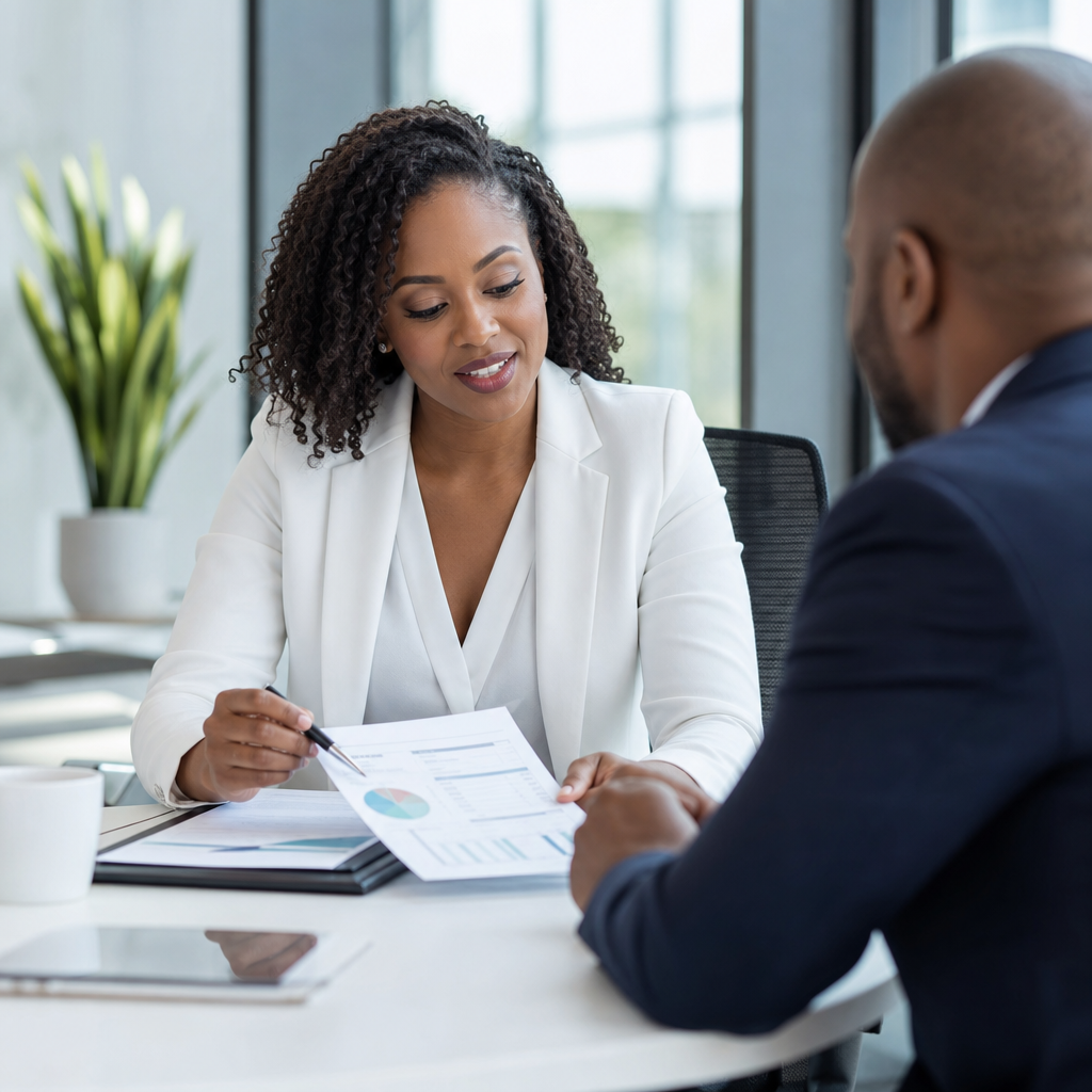 Black woman business advisor in a white blazer reviewing documents with a client at a bright conference table
