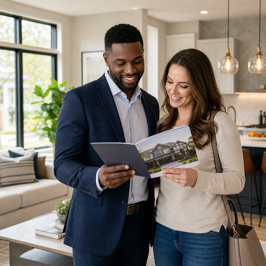 Professional property manager reviewing a modern apartment listing with a prospective renter in a bright urban setting