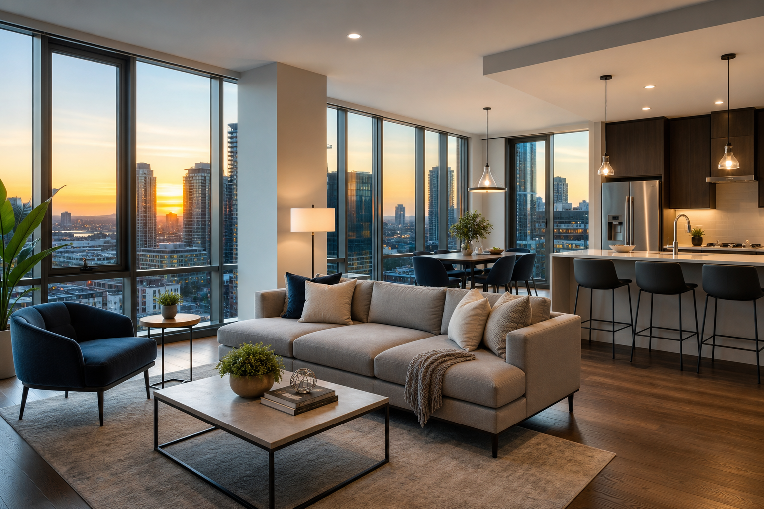 Modern downtown apartment with floor-to-ceiling windows and warm evening lighting