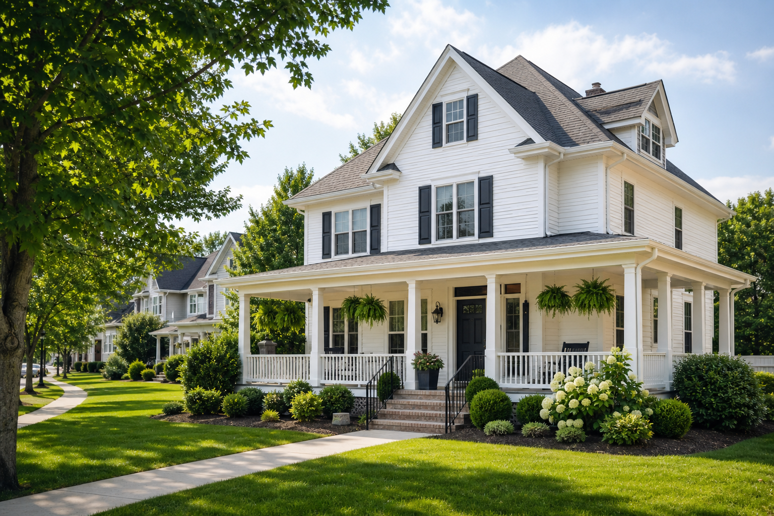 Bright suburban family home with a wide porch, green lawn, and white exterior