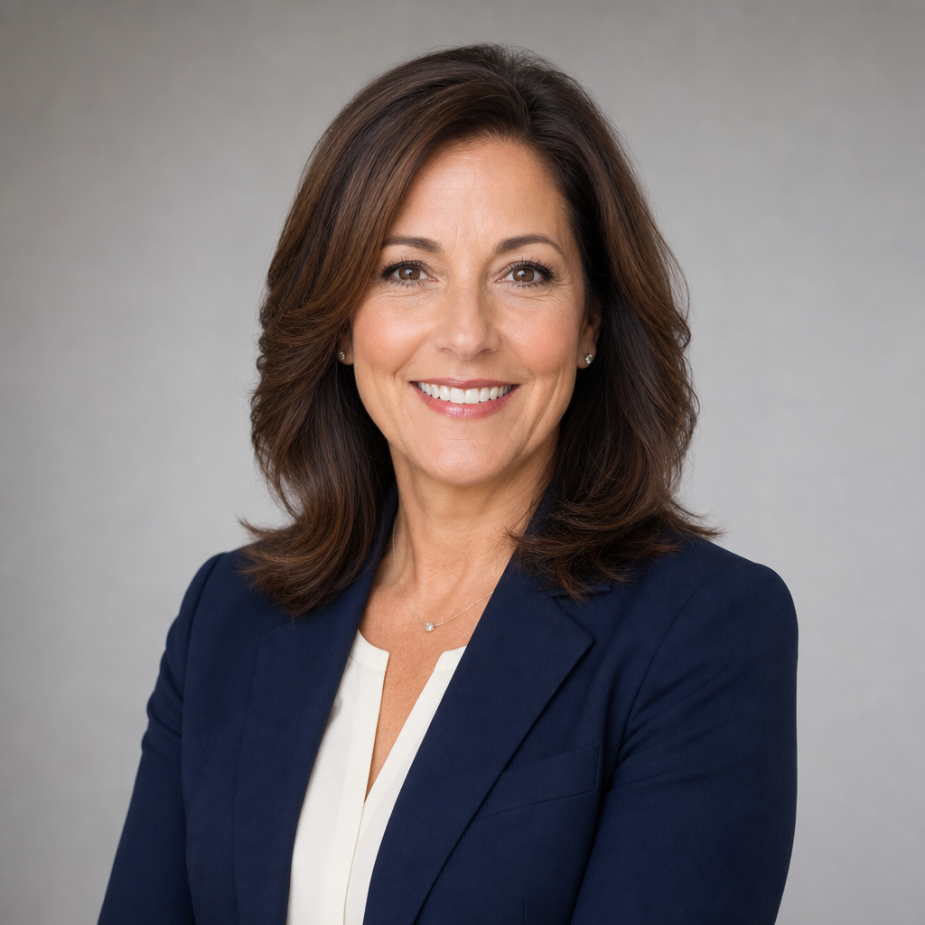 Professional headshot of a middle-aged woman with shoulder-length dark hair wearing a navy blazer