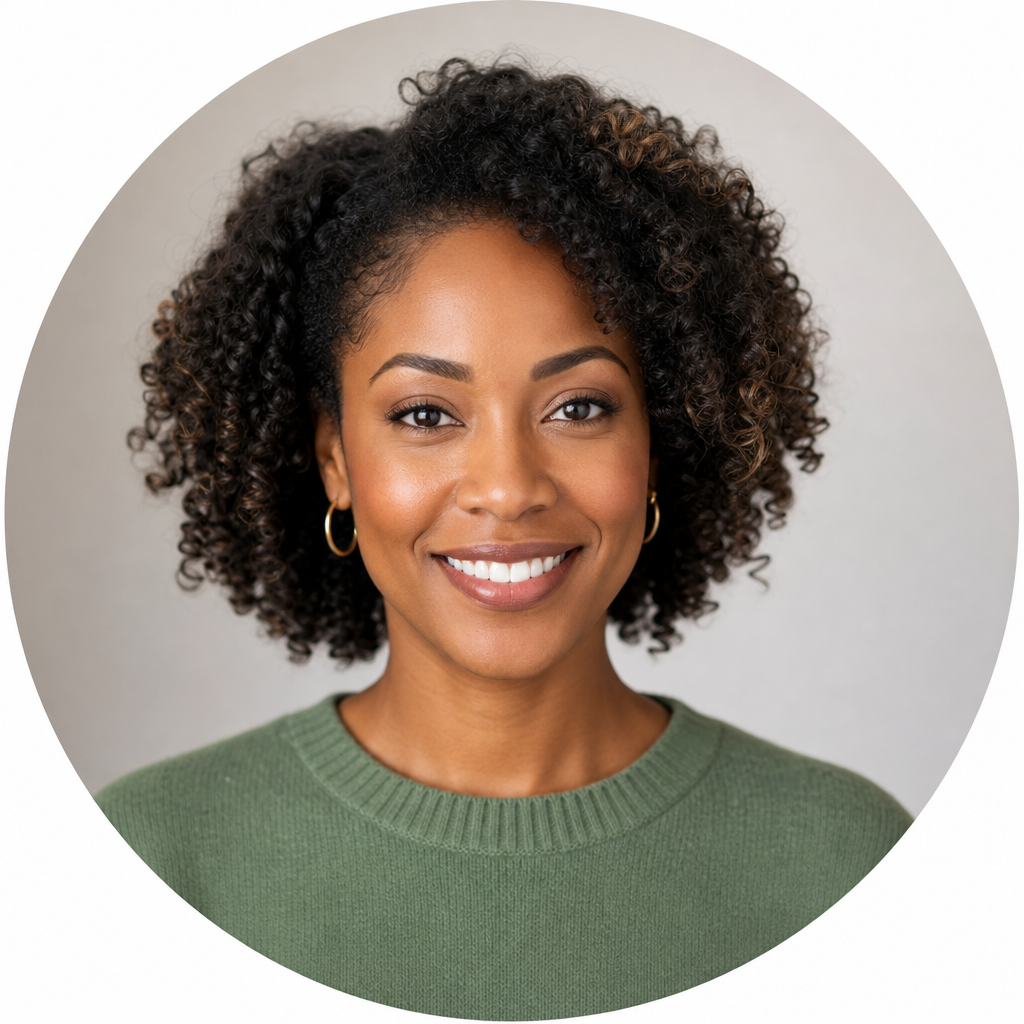 Professional headshot of an African American woman with natural curls wearing a soft green sweater
