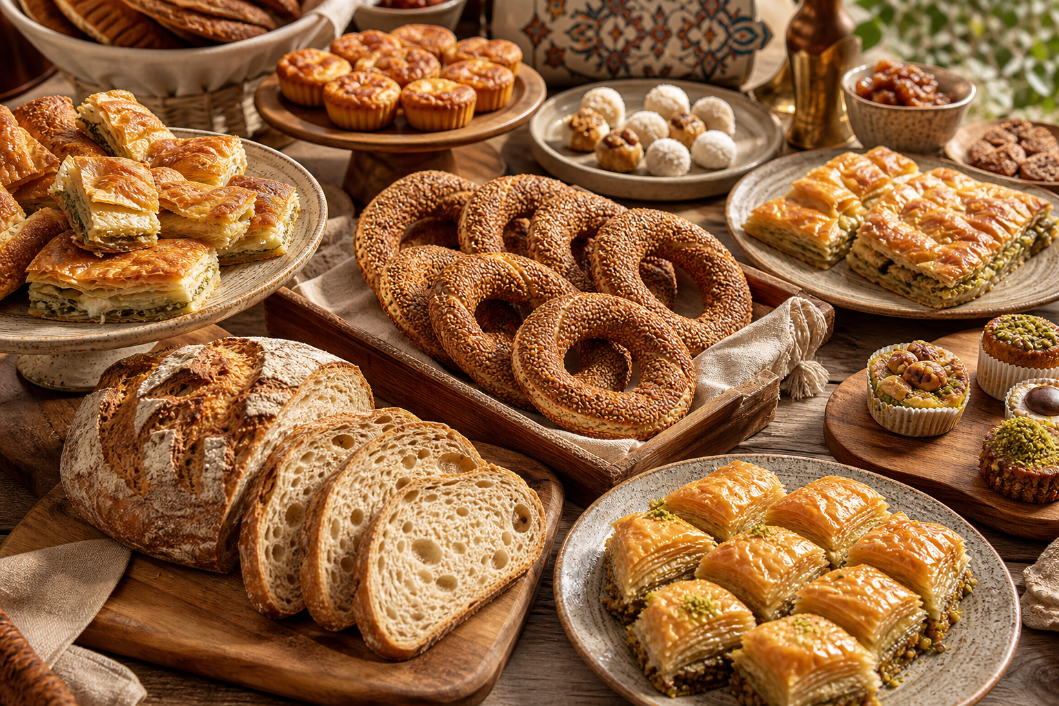 Abundant Turkish bakery table with simit rings, layered pastries, breads, and sweets arranged for sharing