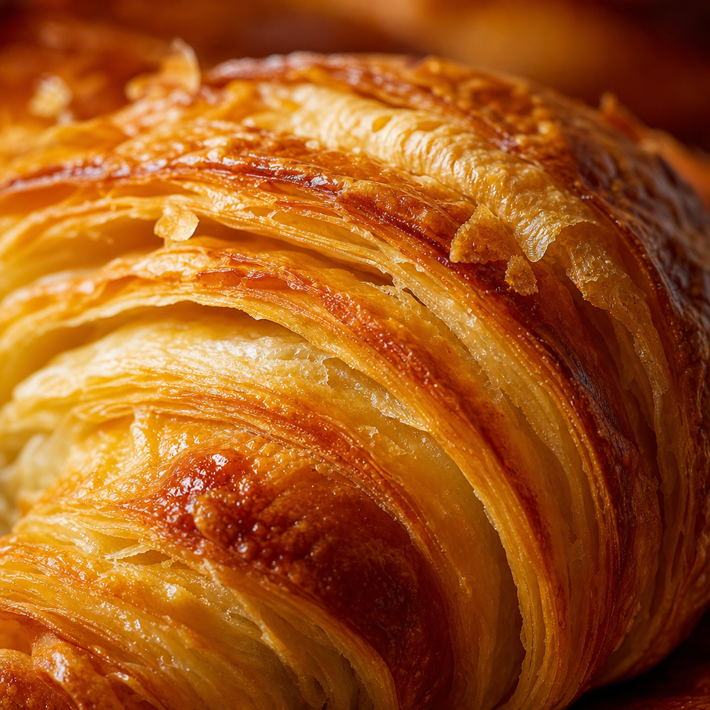 Close-up of golden flaky pastry texture with crisp buttery layers