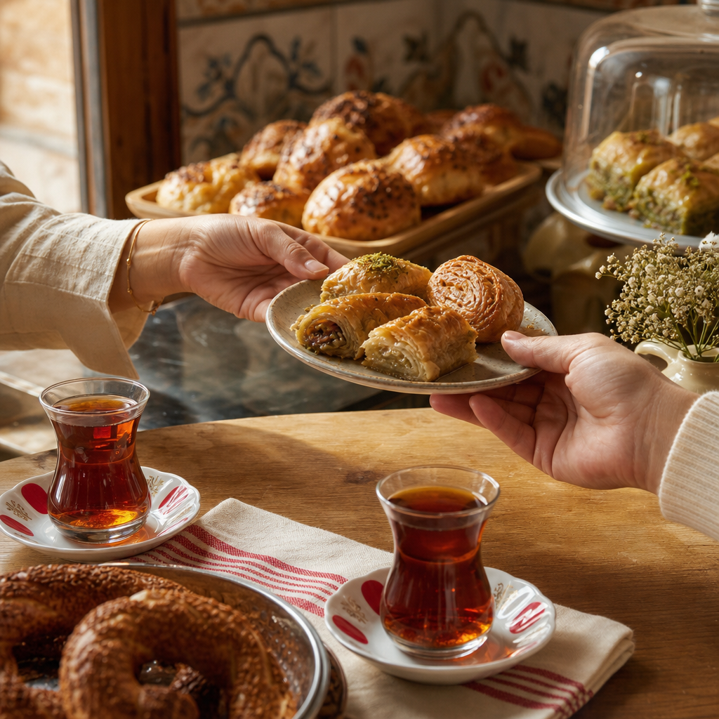 Small serving scene with Turkish pastries being shared beside tea in a welcoming bakery setting