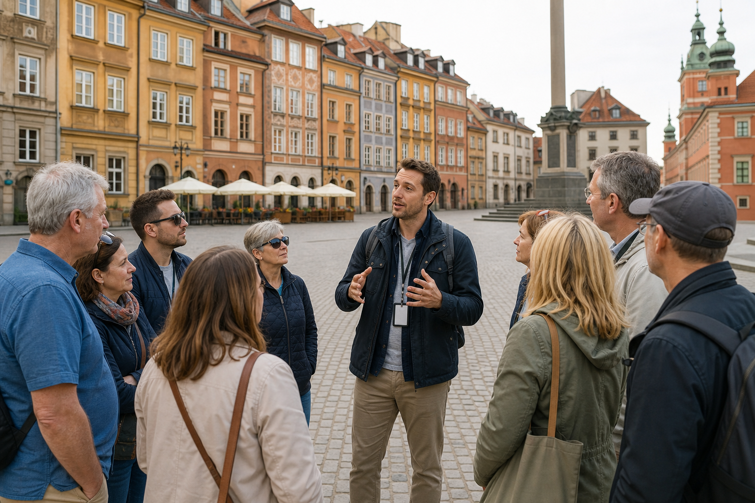Guide speaking with a small group of travelers during a walking tour in Warsaw Old Town