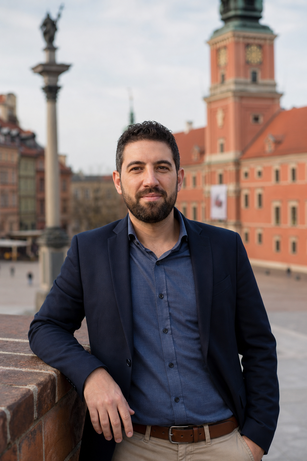 Professional portrait of Ophir Miron, a Warsaw tour guide, standing outdoors near historic architecture