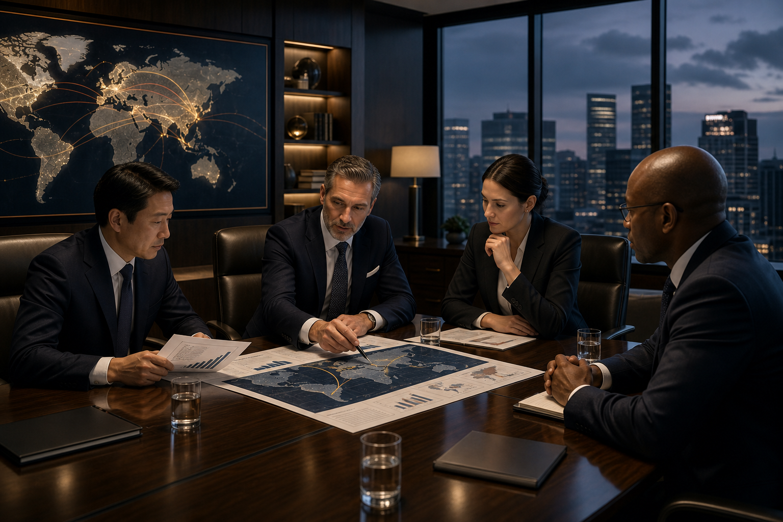 Senior executives reviewing global energy trade documentation in a refined boardroom