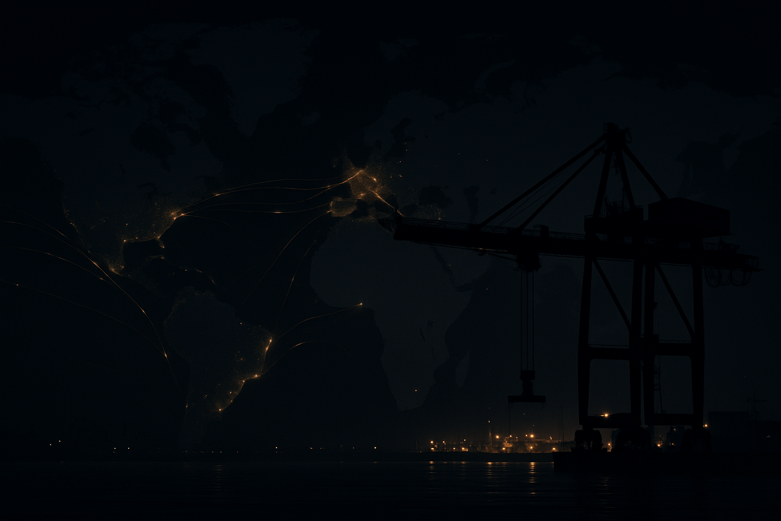 Abstract night-time global trade network with illuminated shipping routes and energy infrastructure silhouettes