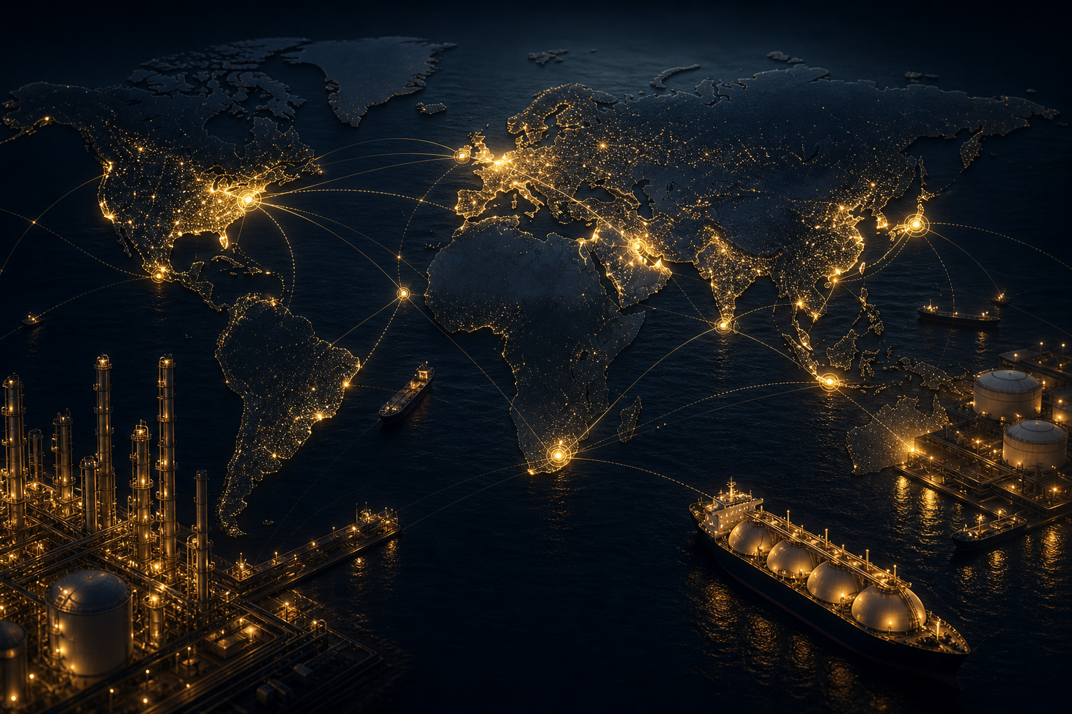 Abstract night-time global trade network with illuminated shipping routes and energy infrastructure silhouettes