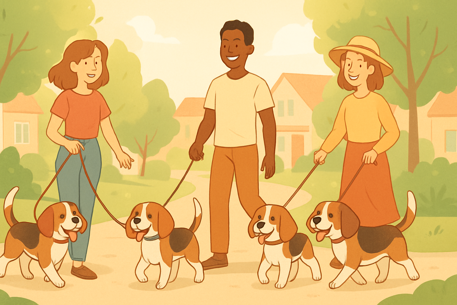 Illustration of beagles and their owners walking together in a park