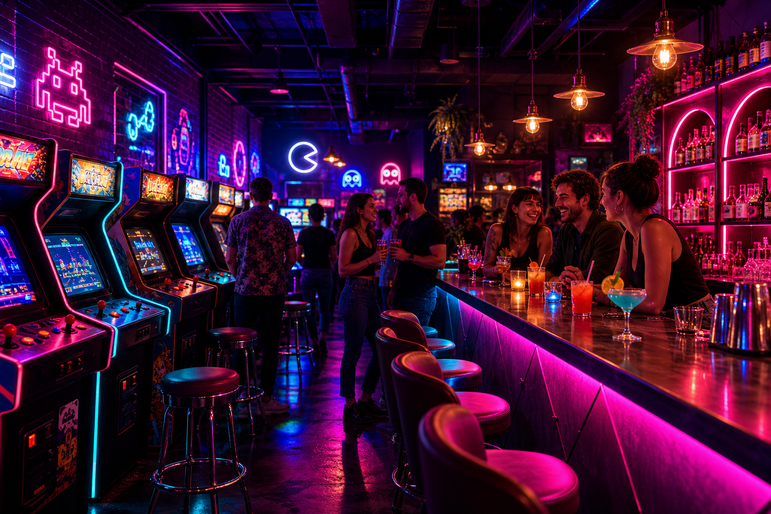 Neon-lit arcade bar with glowing cabinets, vibrant magenta and cyan lights, and people socializing with cocktails