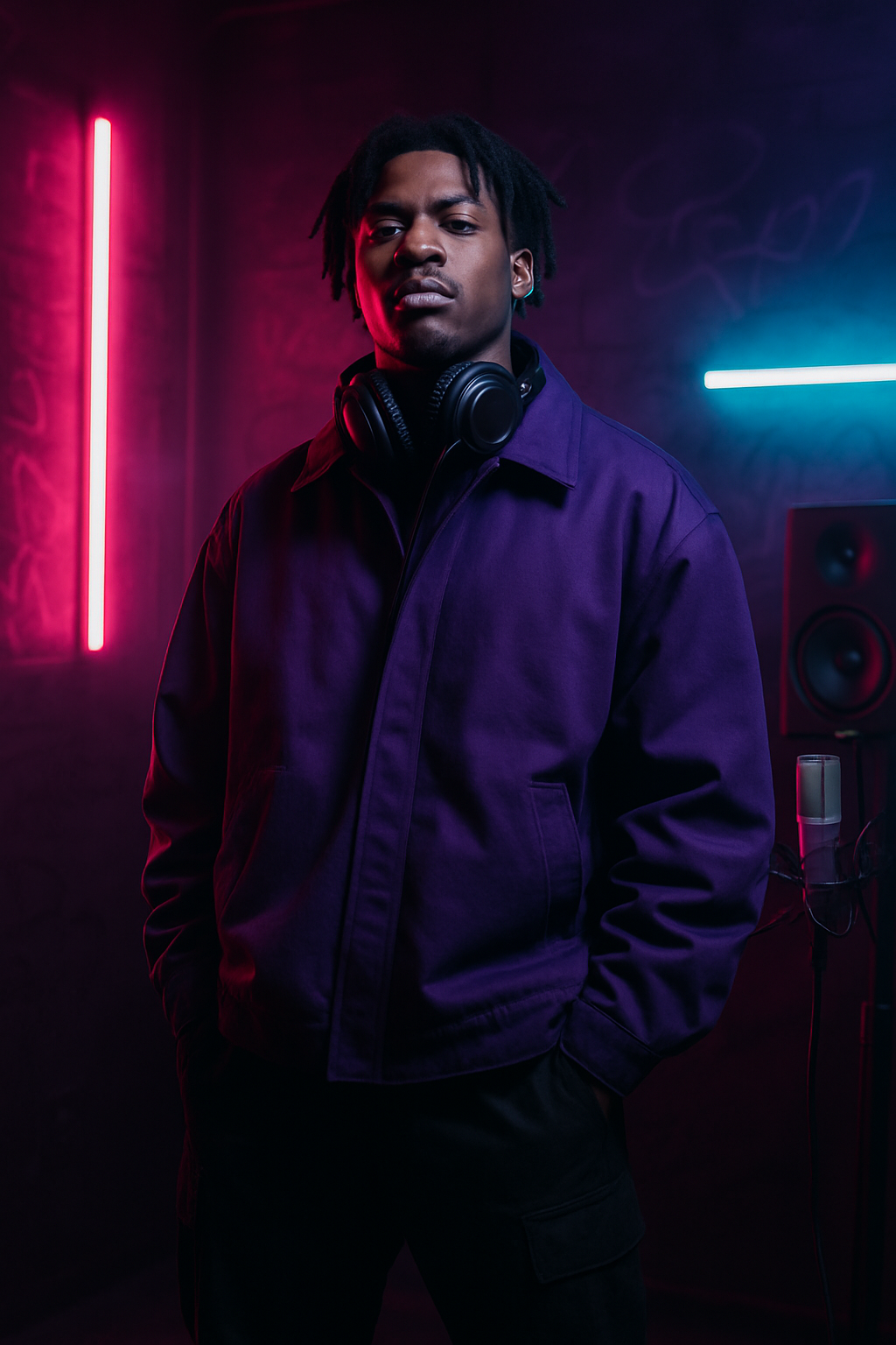 Artist in bold streetwear with headphones in a neon-lit studio