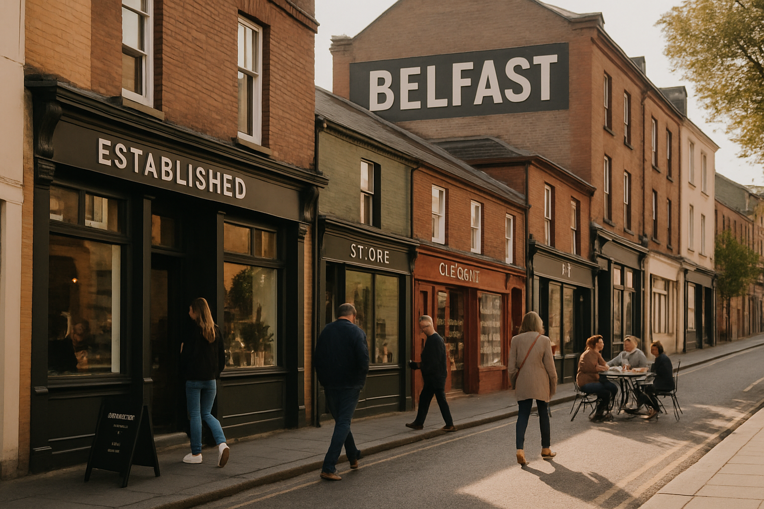 Warm city street in Belfast with local shopfronts and people browsing, showing a friendly neighborhood business atmosphere