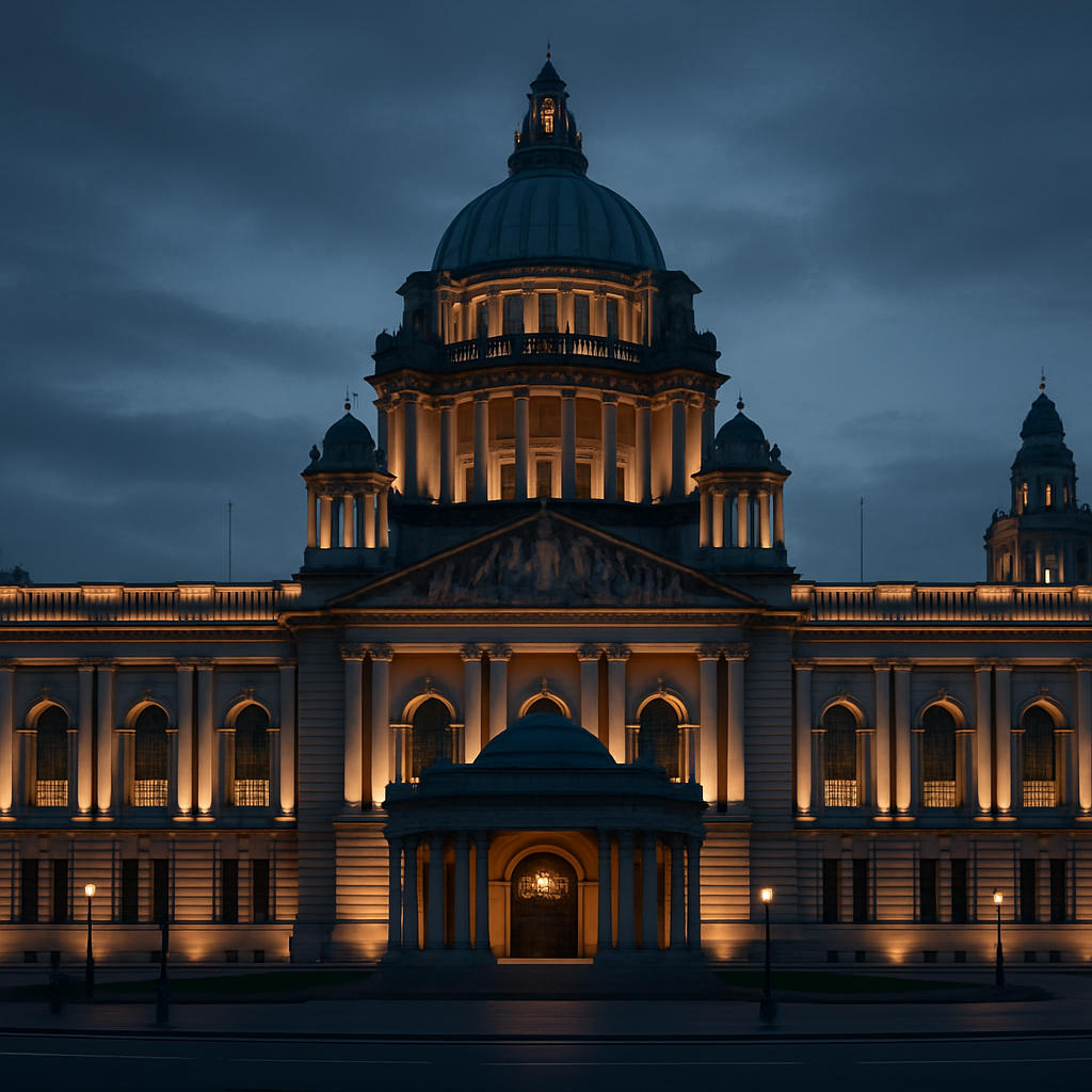 Elegant view of Belfast City Hall illuminated at dusk with modern city lights
