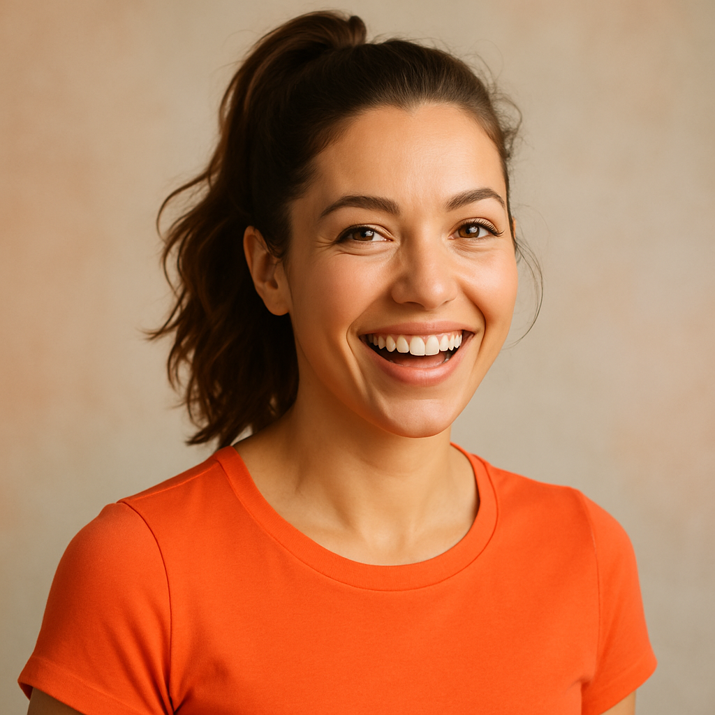 Portrait of a cheerful woman with a high ponytail wearing a bright orange top
