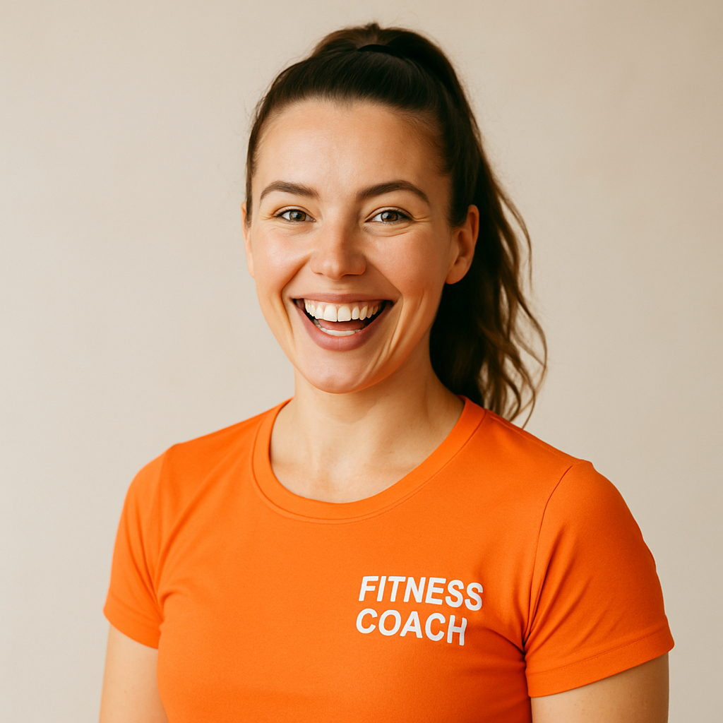 Portrait of a cheerful Belfast fitness coach with a high ponytail wearing a bright orange top