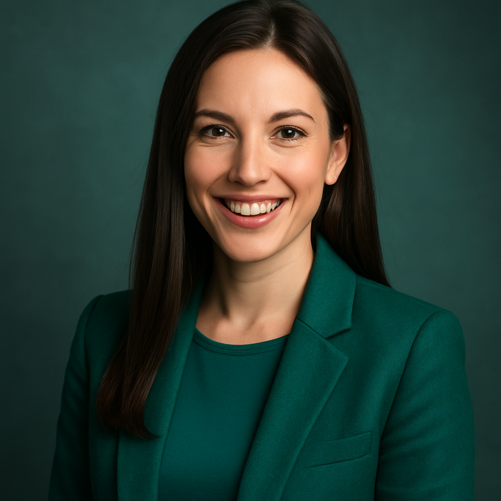 Portrait of a woman with long straight hair wearing a green jacket