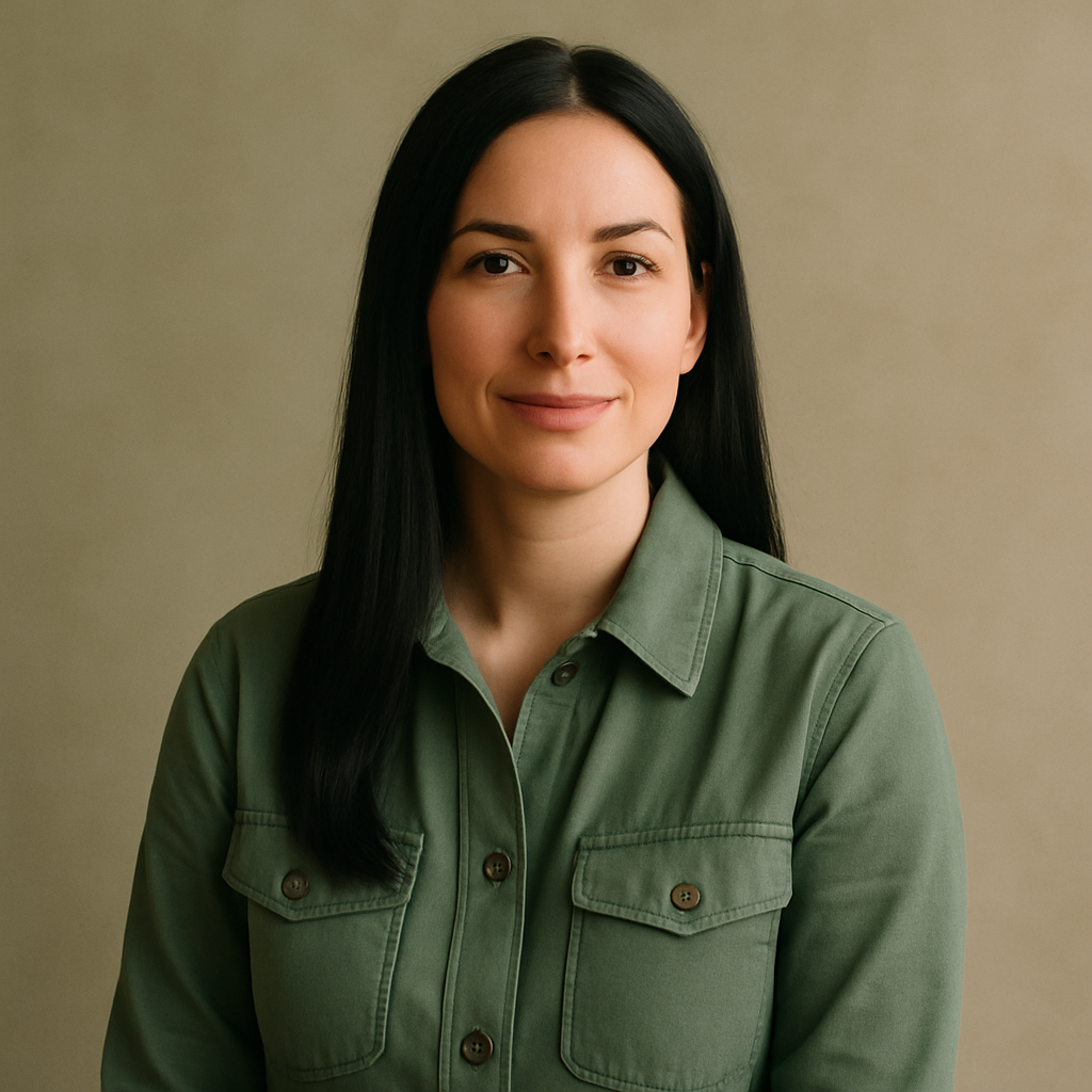 Portrait of a Belfast wellness studio owner with long straight hair wearing a green jacket