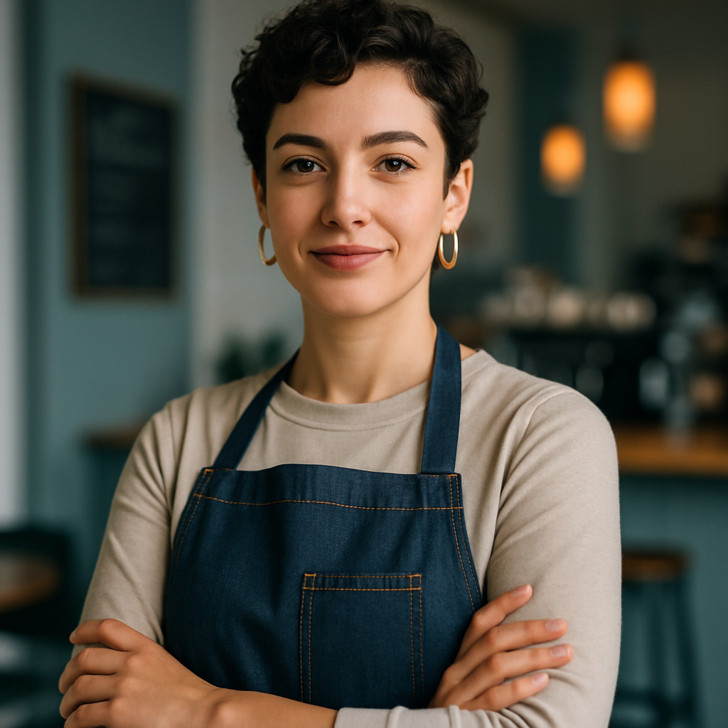 Portrait of a confident Belfast cafe owner with short curly hair and modern earrings