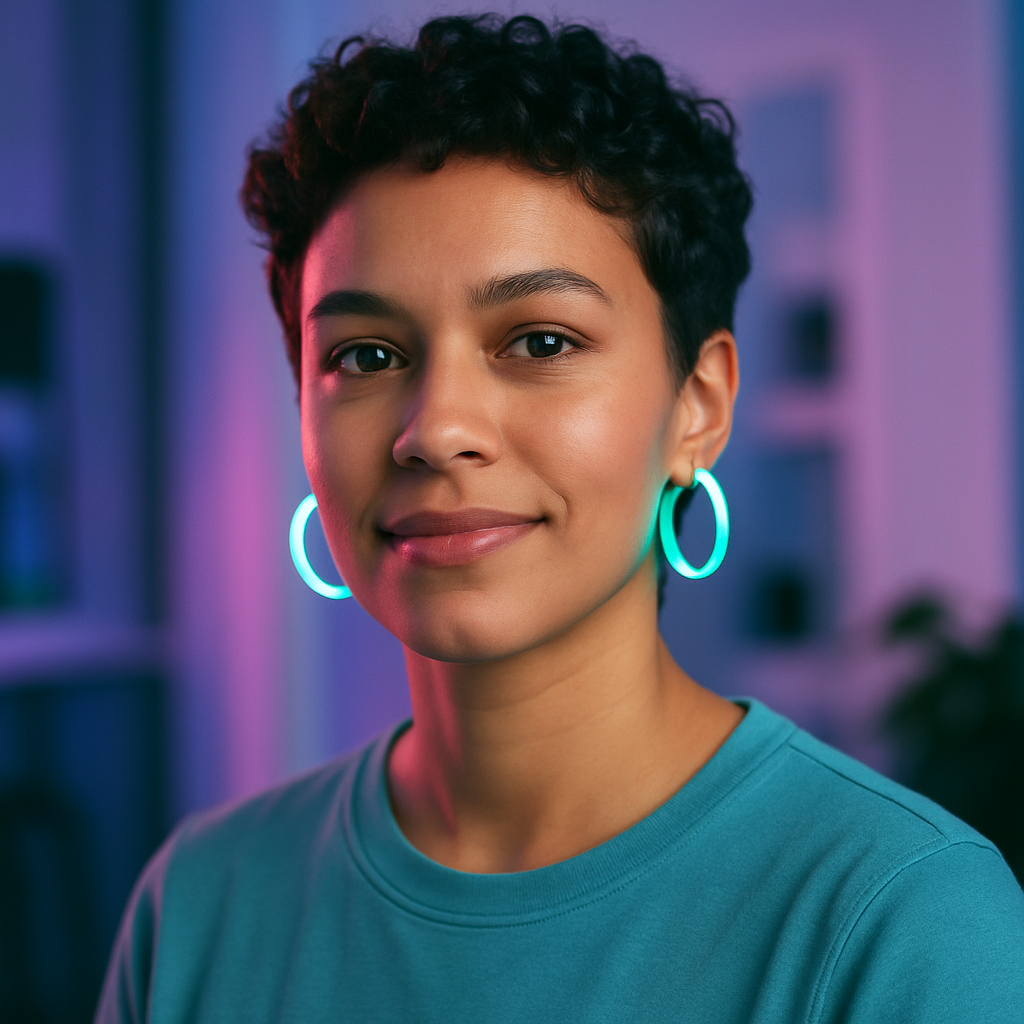 Portrait of a confident woman creator with short curly hair and neon earrings