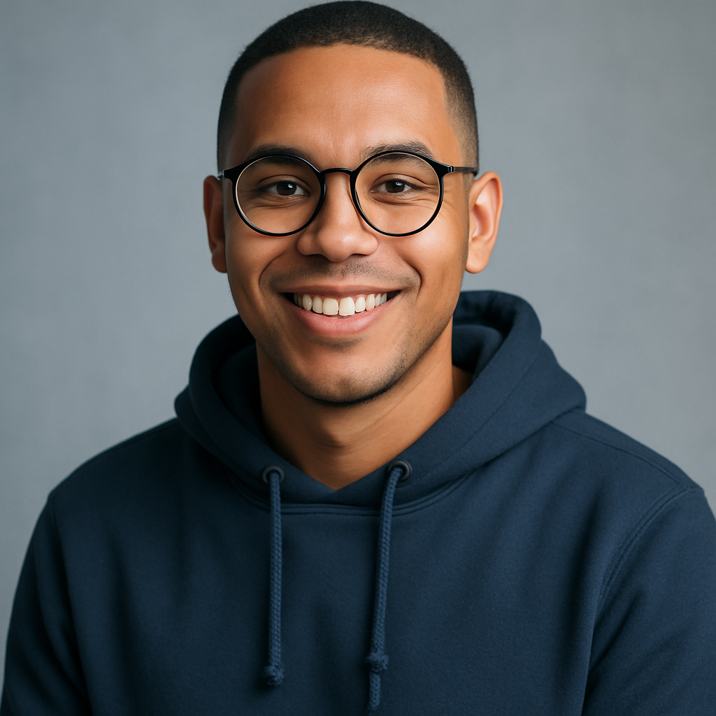 Portrait of a friendly Belfast resident with glasses wearing a navy hoodie