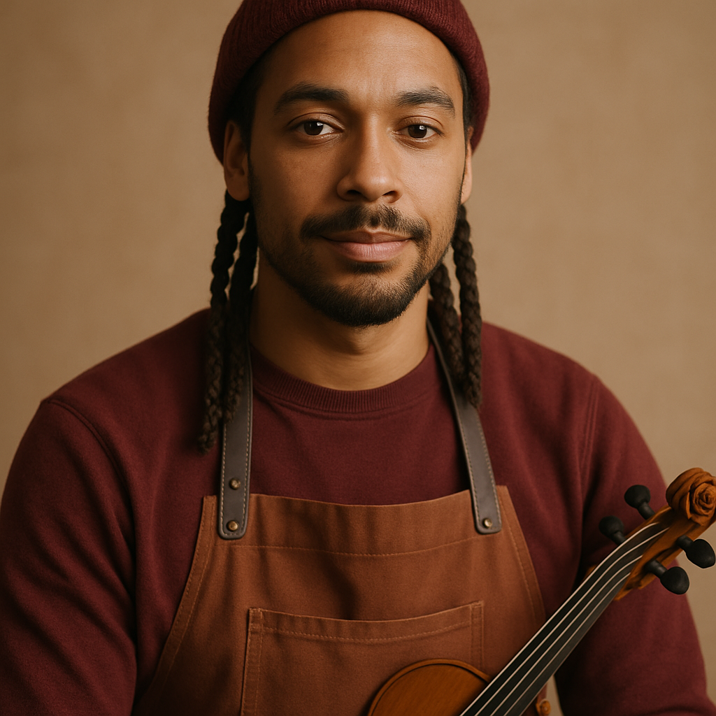 Portrait of a Belfast craftsman with braided hair wearing a burgundy beanie
