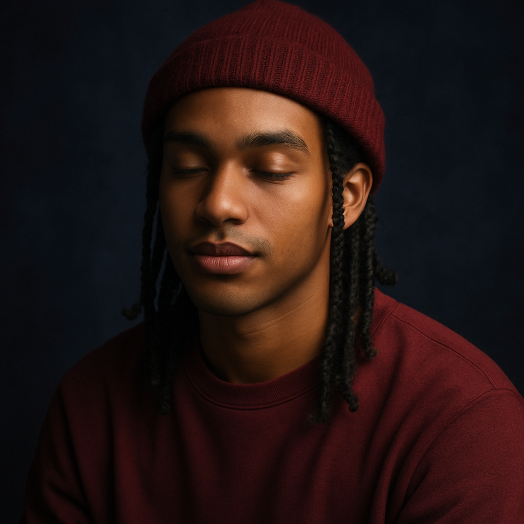 Portrait of a young man with braided hair wearing a burgundy beanie