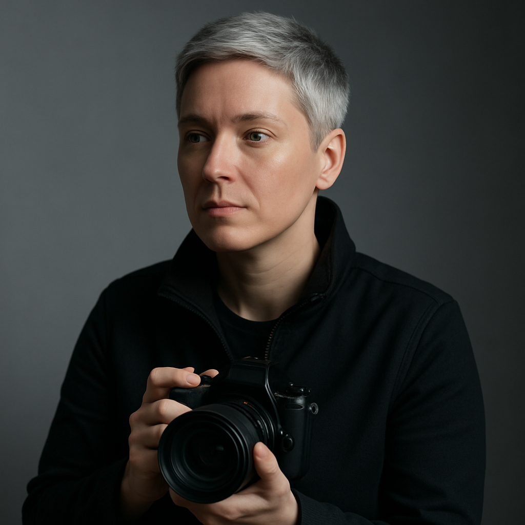 Portrait of a Belfast photographer with short silver hair wearing a black jacket