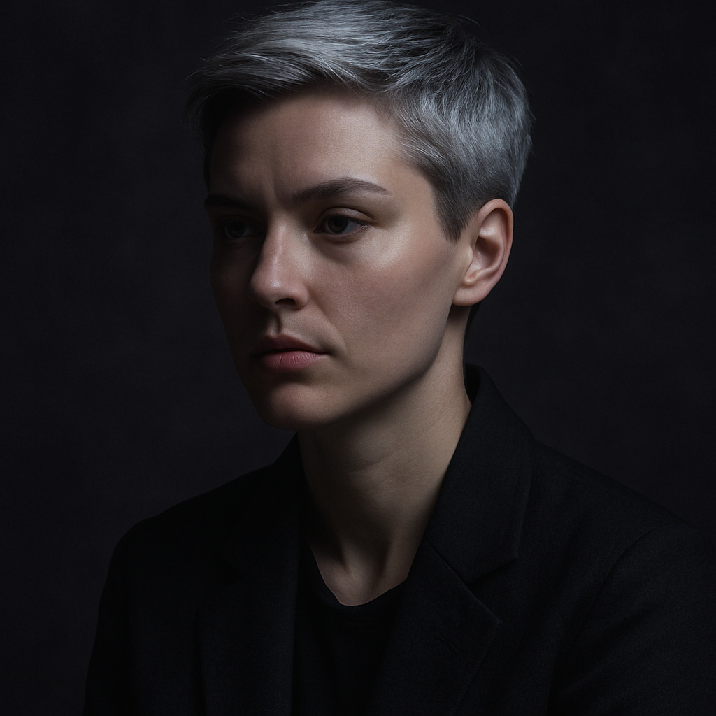 Portrait of a person with short silver hair wearing a black jacket