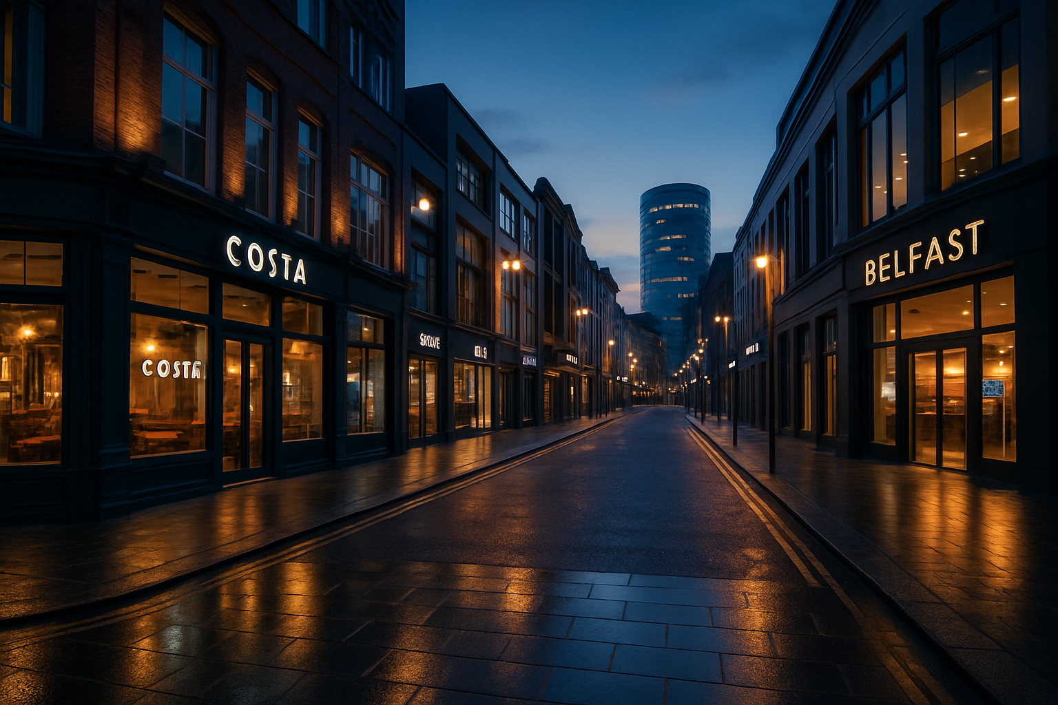 Warm dusk view of central Belfast streets with storefronts and city lights