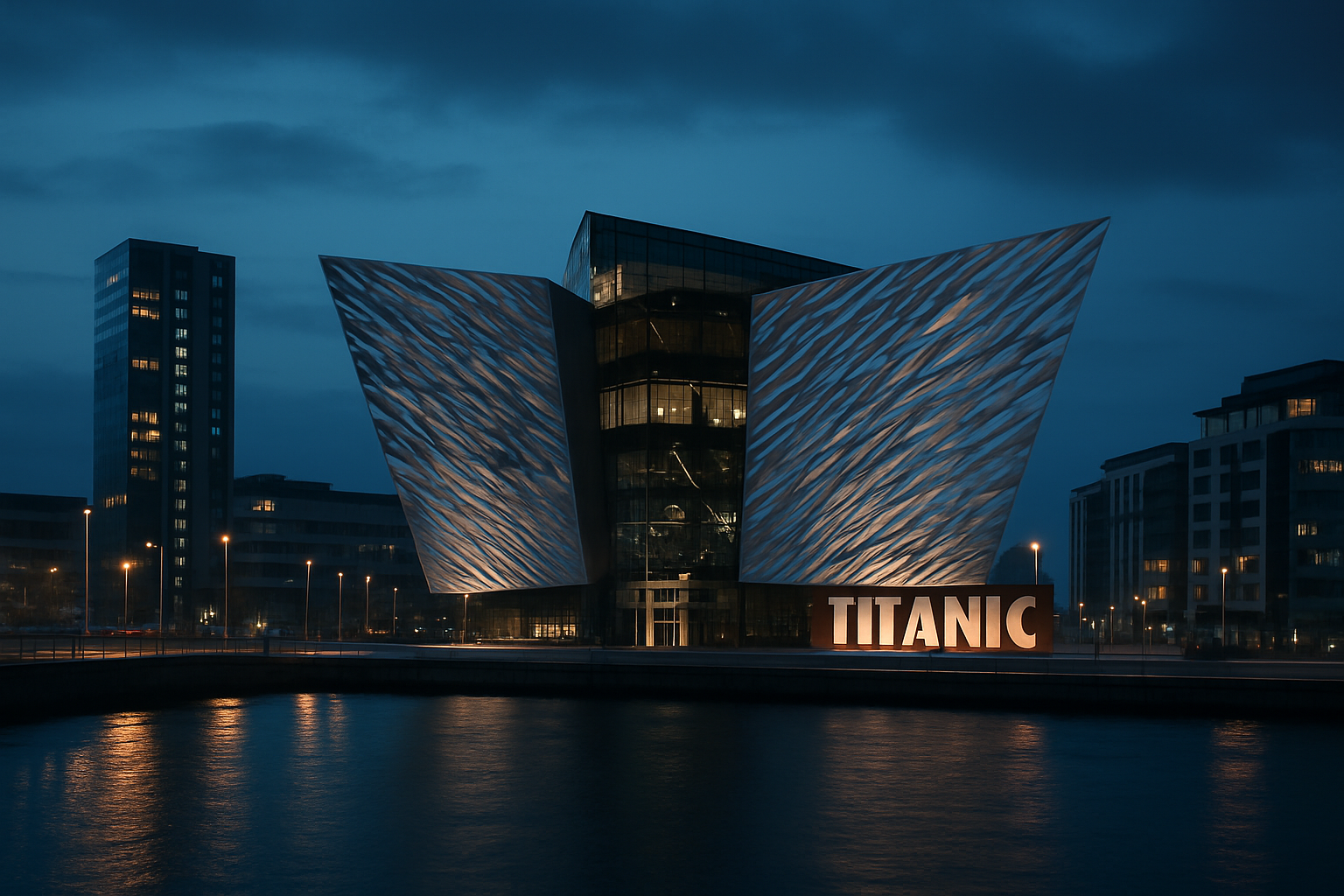 Titanic Belfast and the blue-hour Belfast skyline in a sleek, urban-tech style